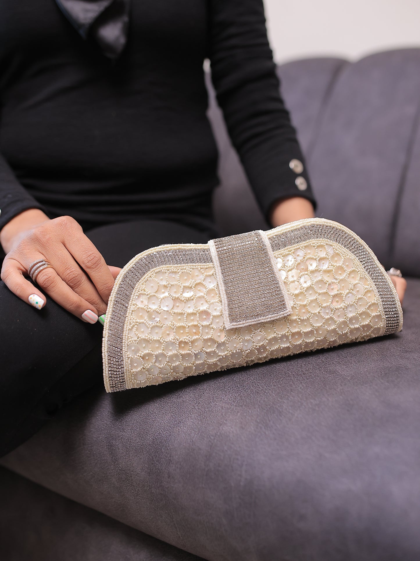 Cream Shell Wave Clutch with Sling