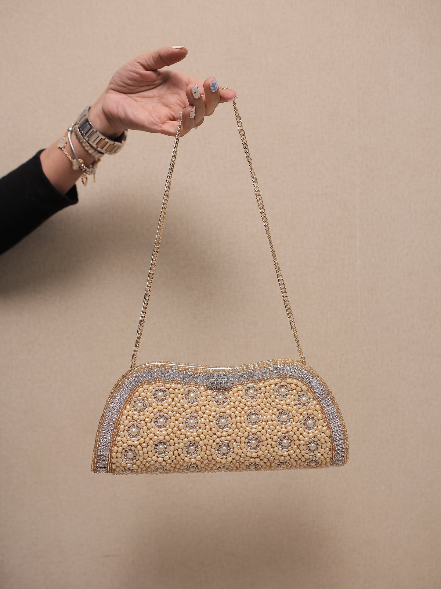 Pearl and Stone Wave Clutch with Sling