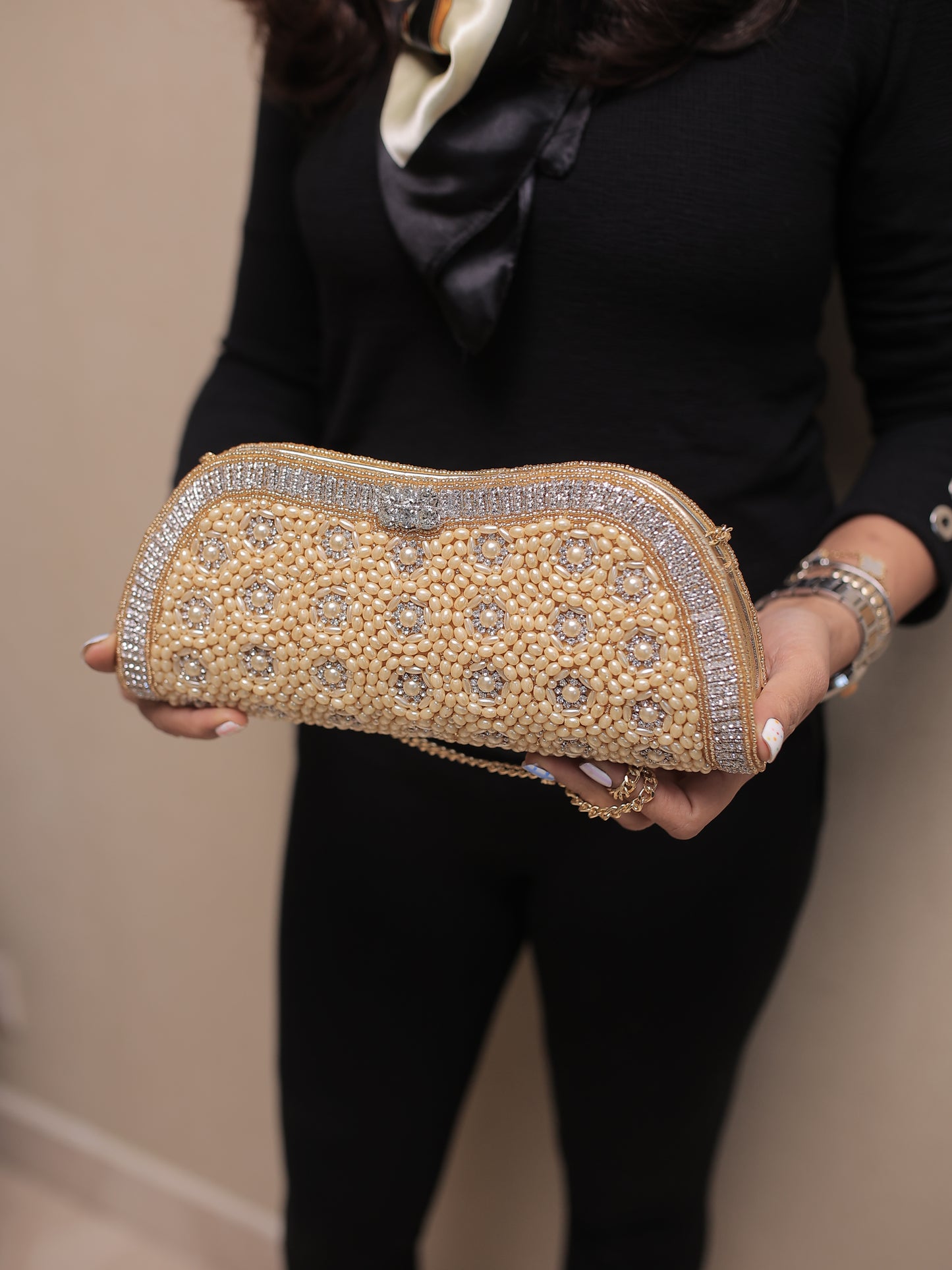 Pearl and Stone Wave Clutch with Sling