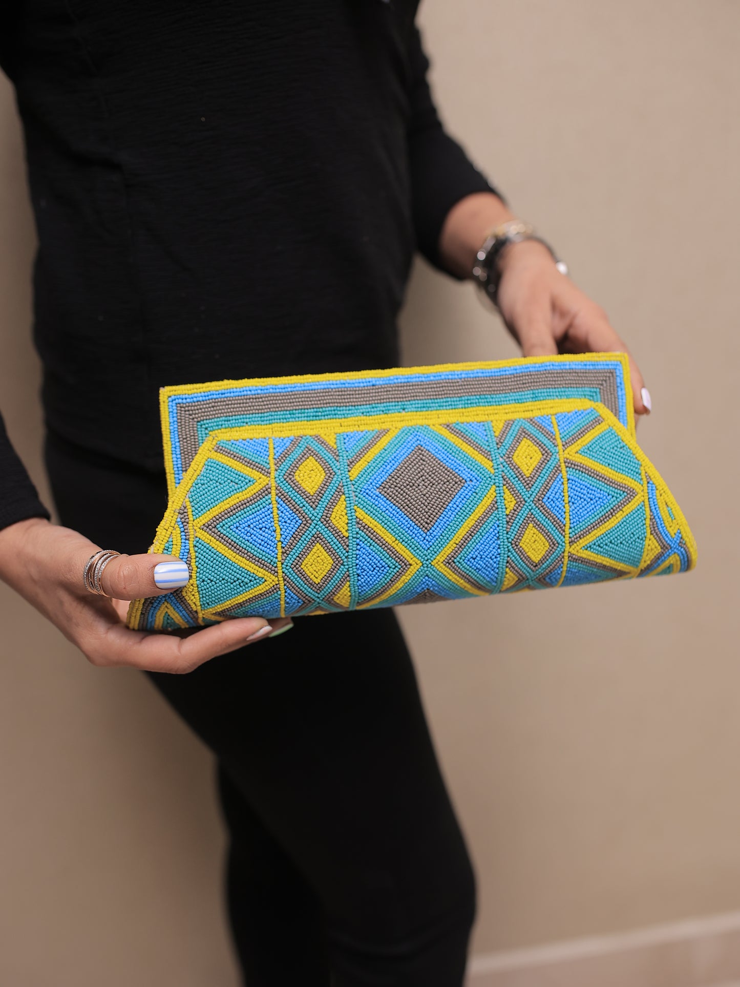 Turquoise and Yellow Beaded Clutch with Sling