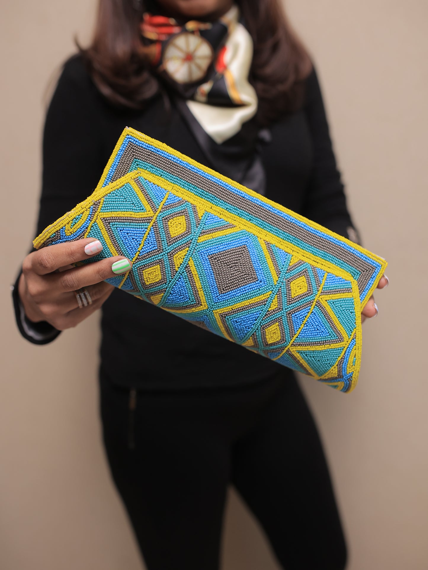 Turquoise and Yellow Beaded Clutch with Sling