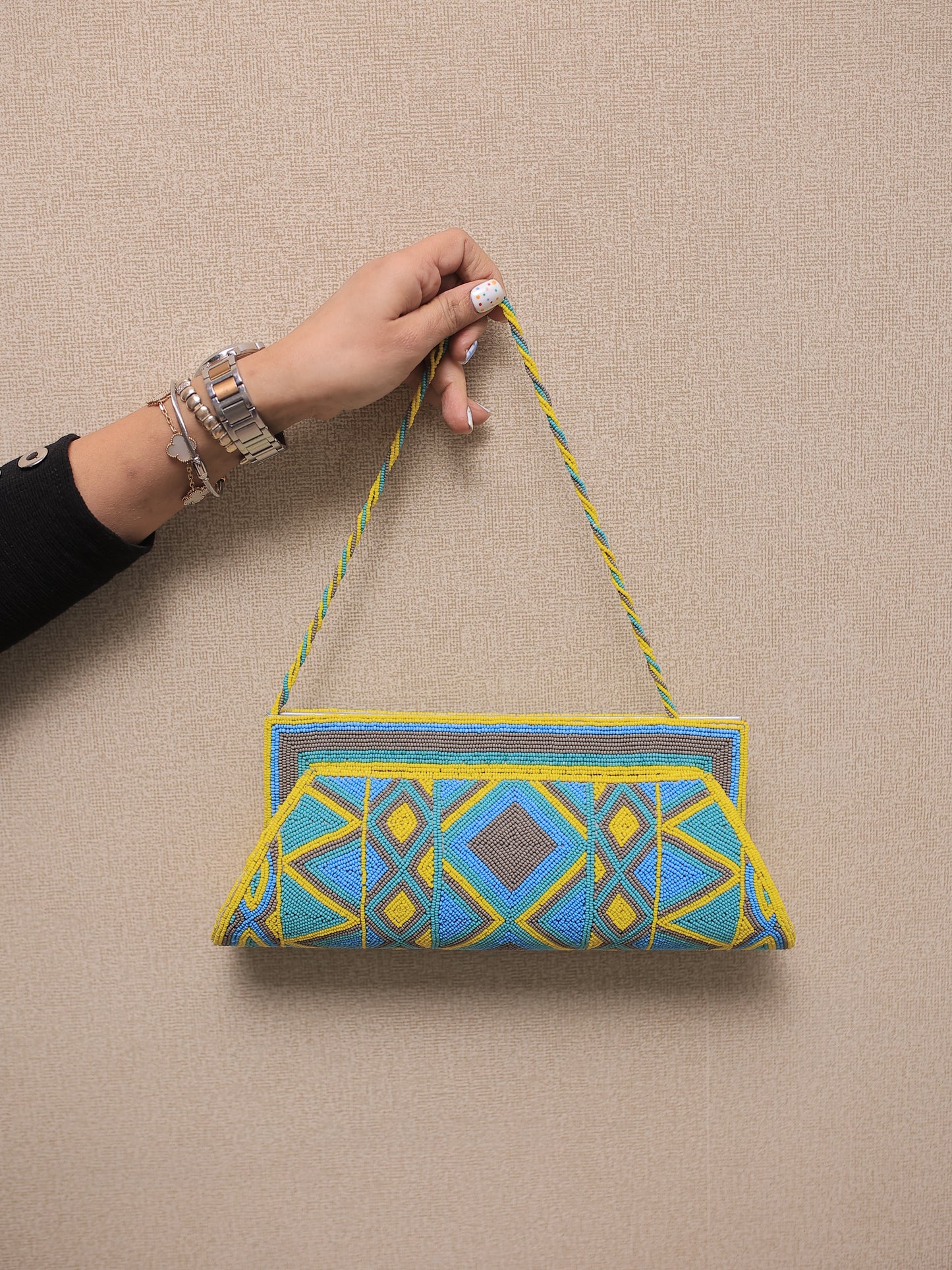 Turquoise and Yellow Beaded Clutch with Sling