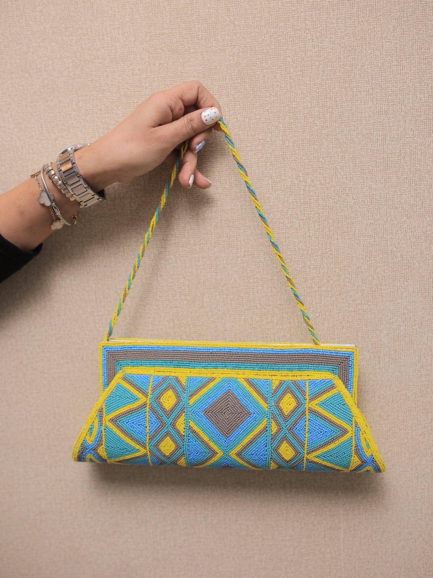 Turquoise and Yellow Beaded Clutch with Sling