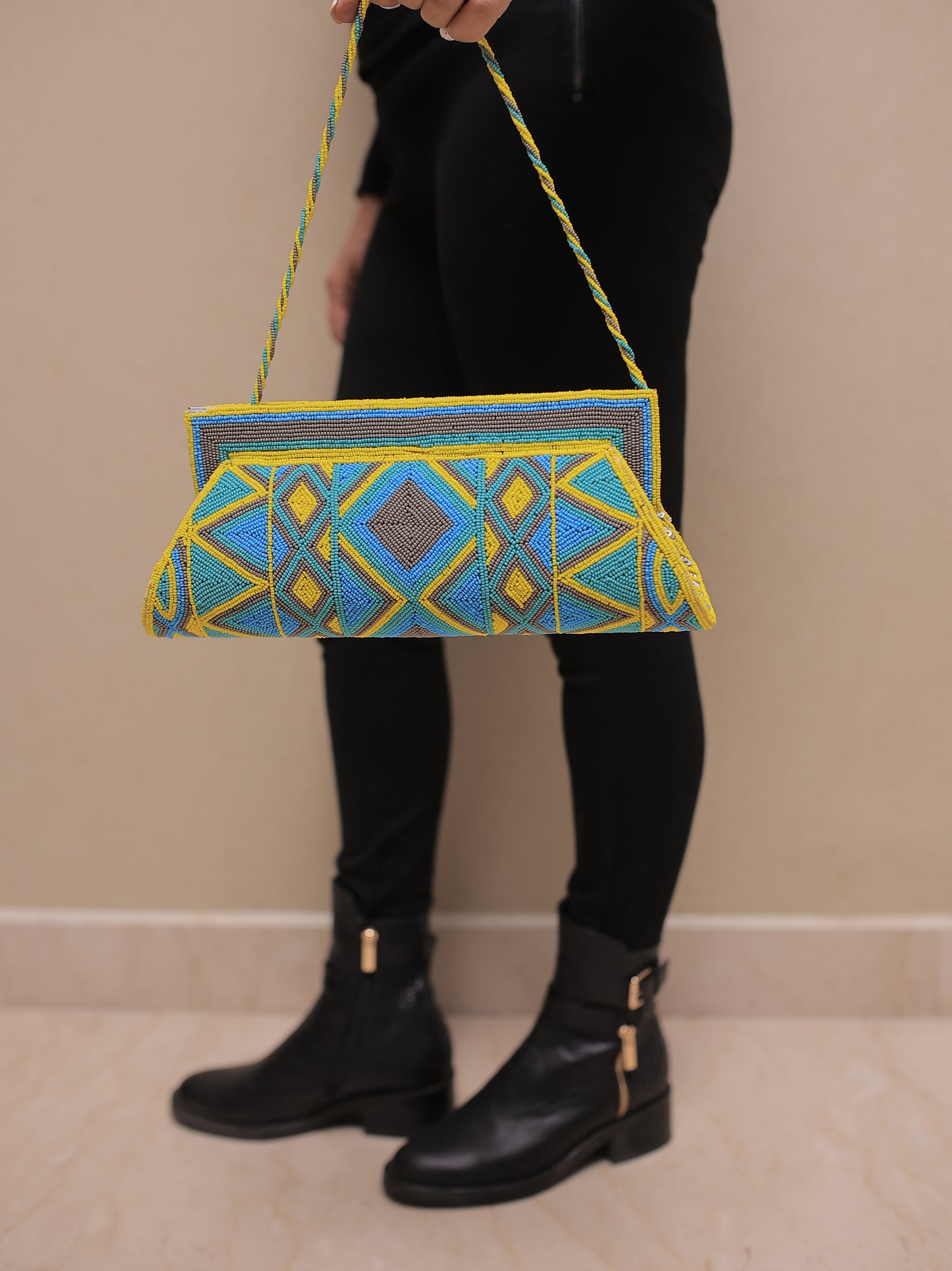 Turquoise and Yellow Beaded Clutch with Sling