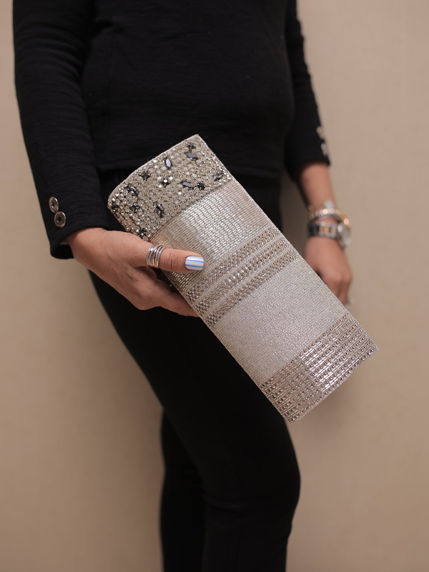 Silver Diamontee Clutch with Sling