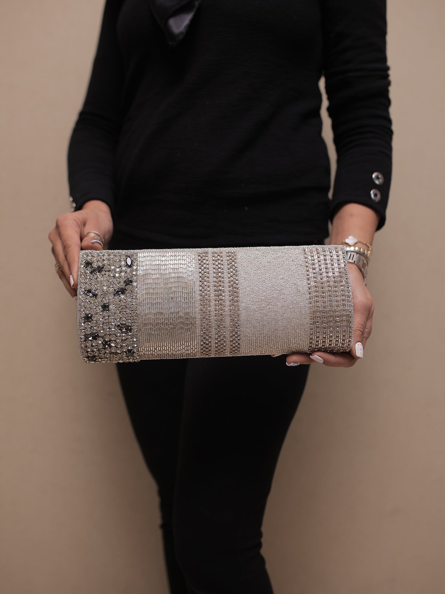 Silver Diamontee Clutch with Sling