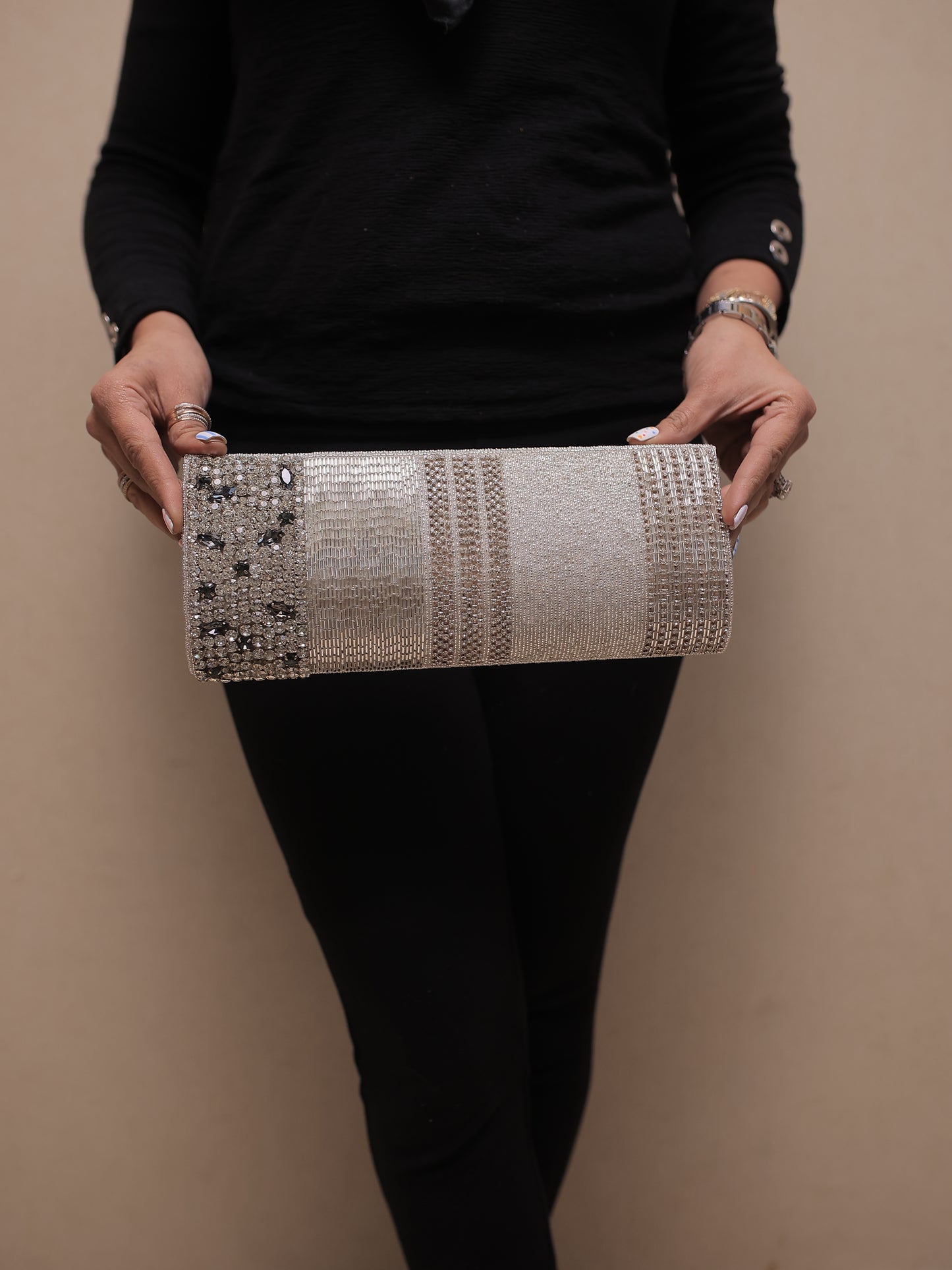 Silver Diamontee Clutch with Sling