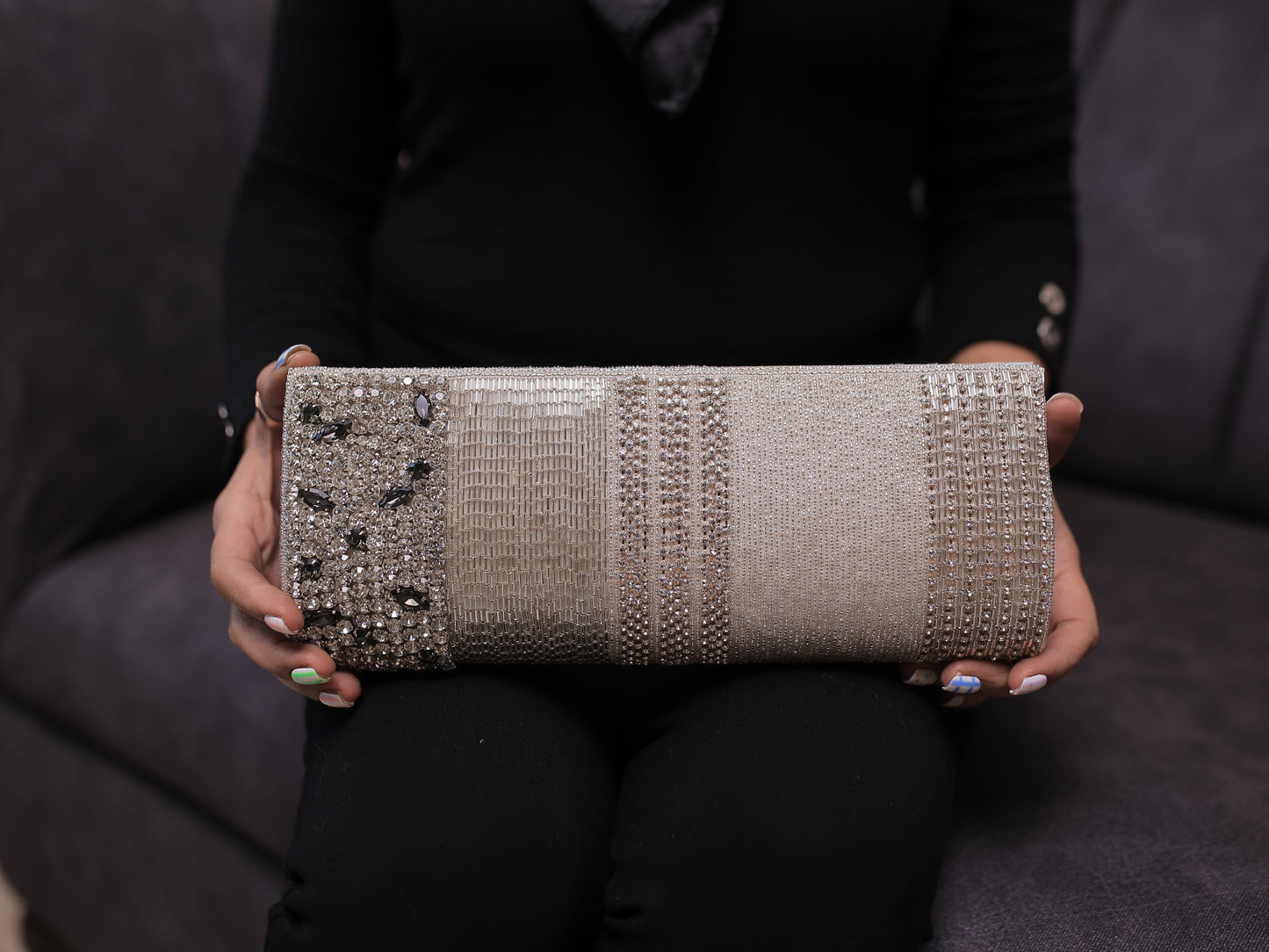 Silver Diamontee Clutch with Sling