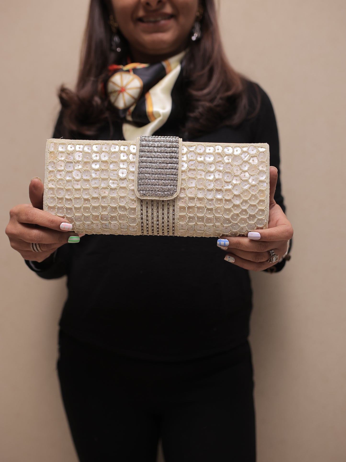 Cream Shell Clutch with Small Centre Flap