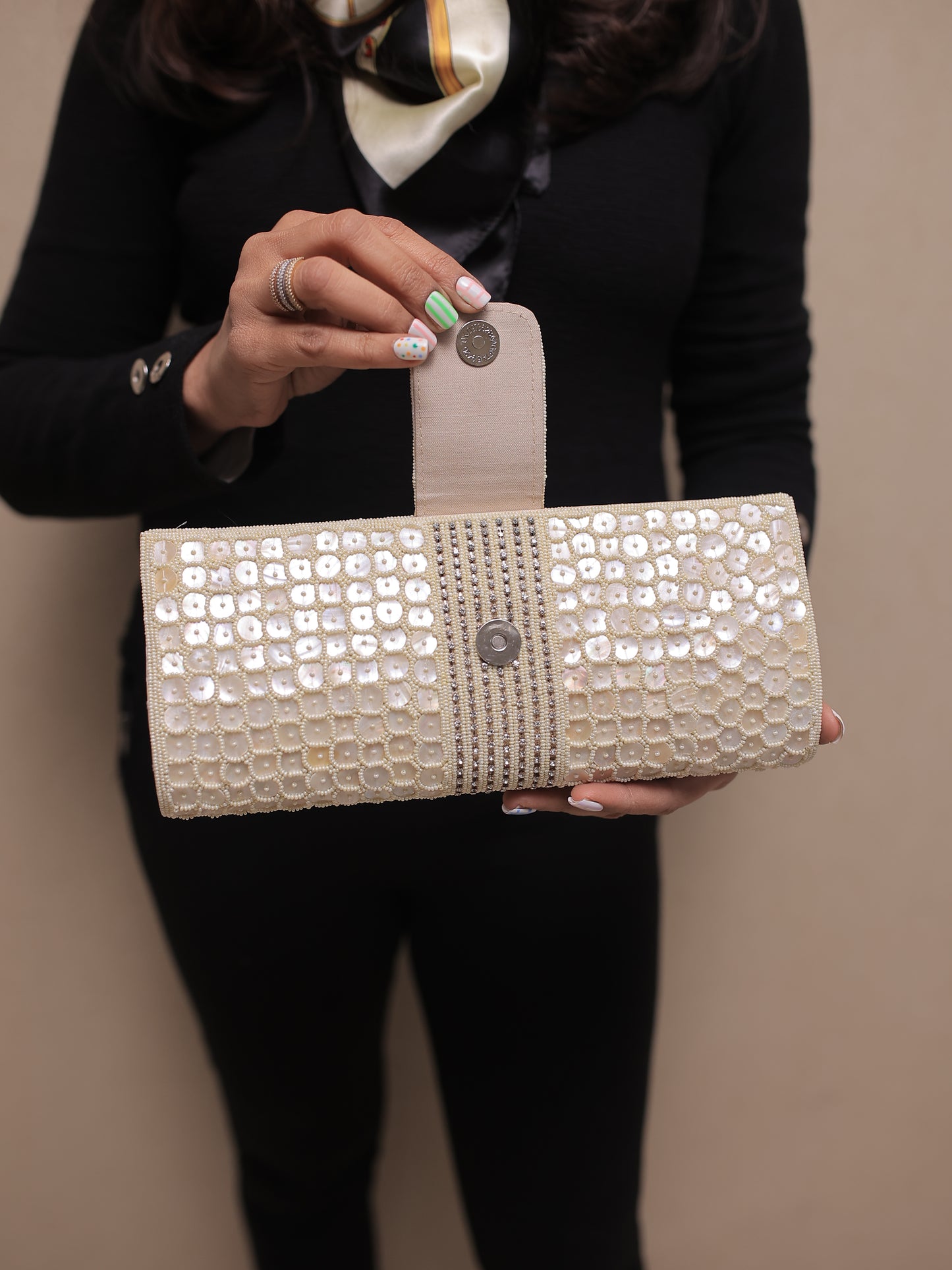 Cream Shell Clutch with Small Centre Flap