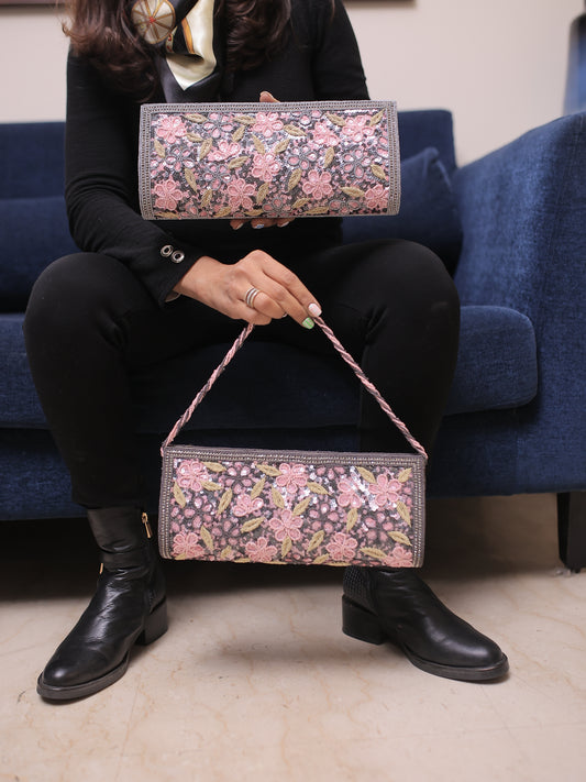 Grey and Pink Floral Bag with Sling