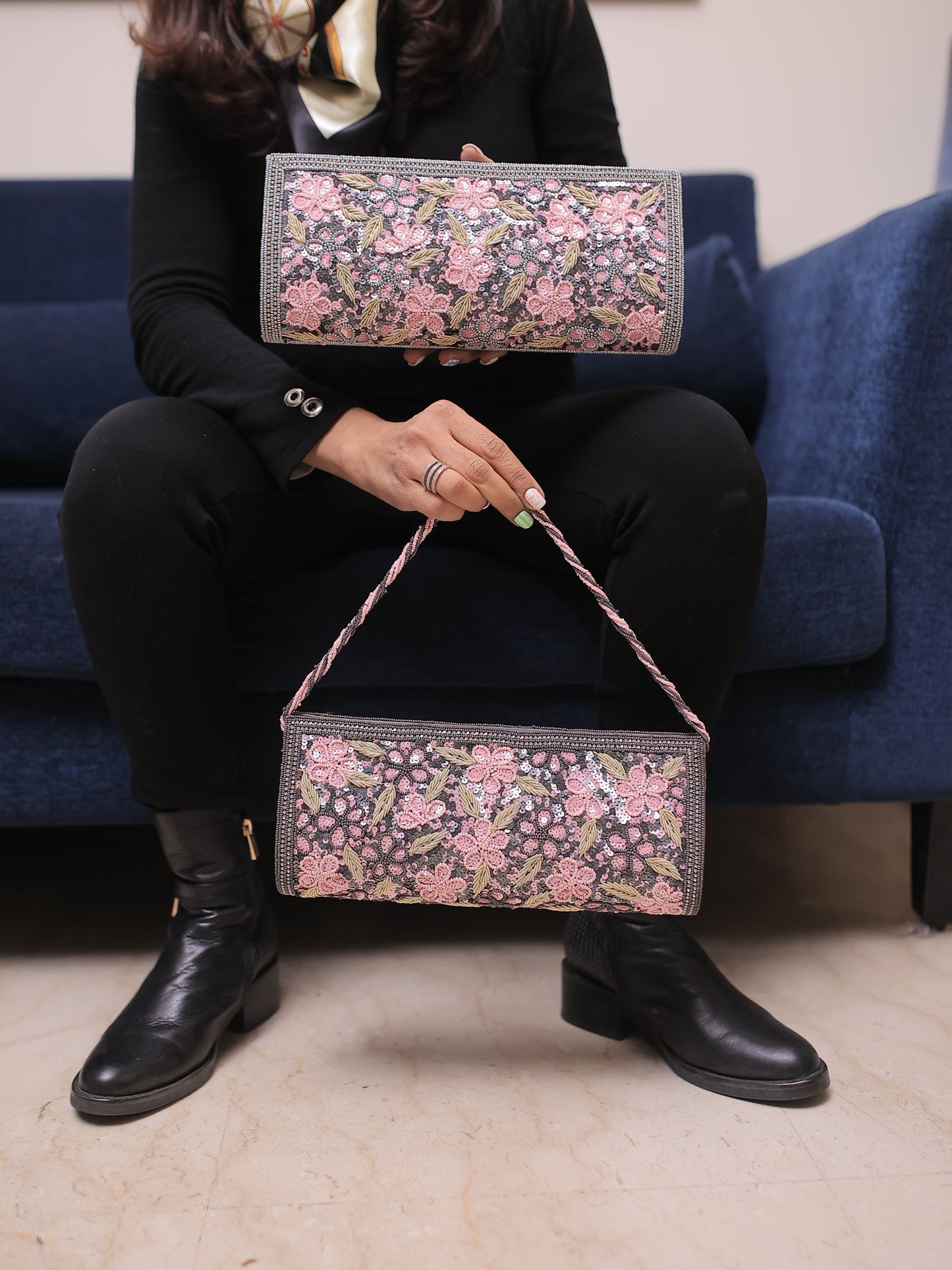 Grey and Pink Floral Bag with Sling