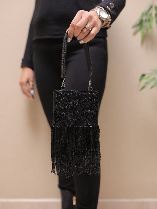 Black Beaded Tassel Box Bag