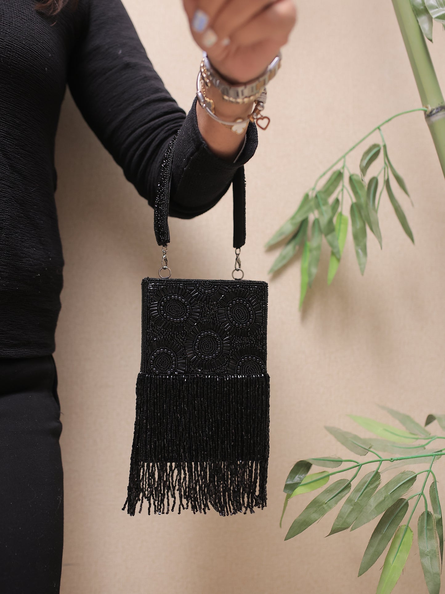 Black Beaded Tassel Box Bag