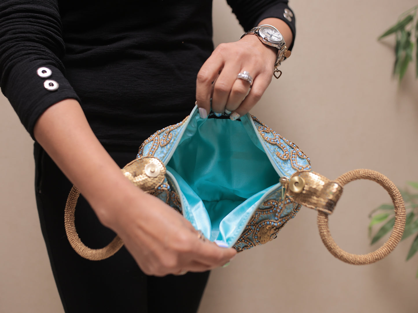 Turquoise Potli with Bead and Brass Work