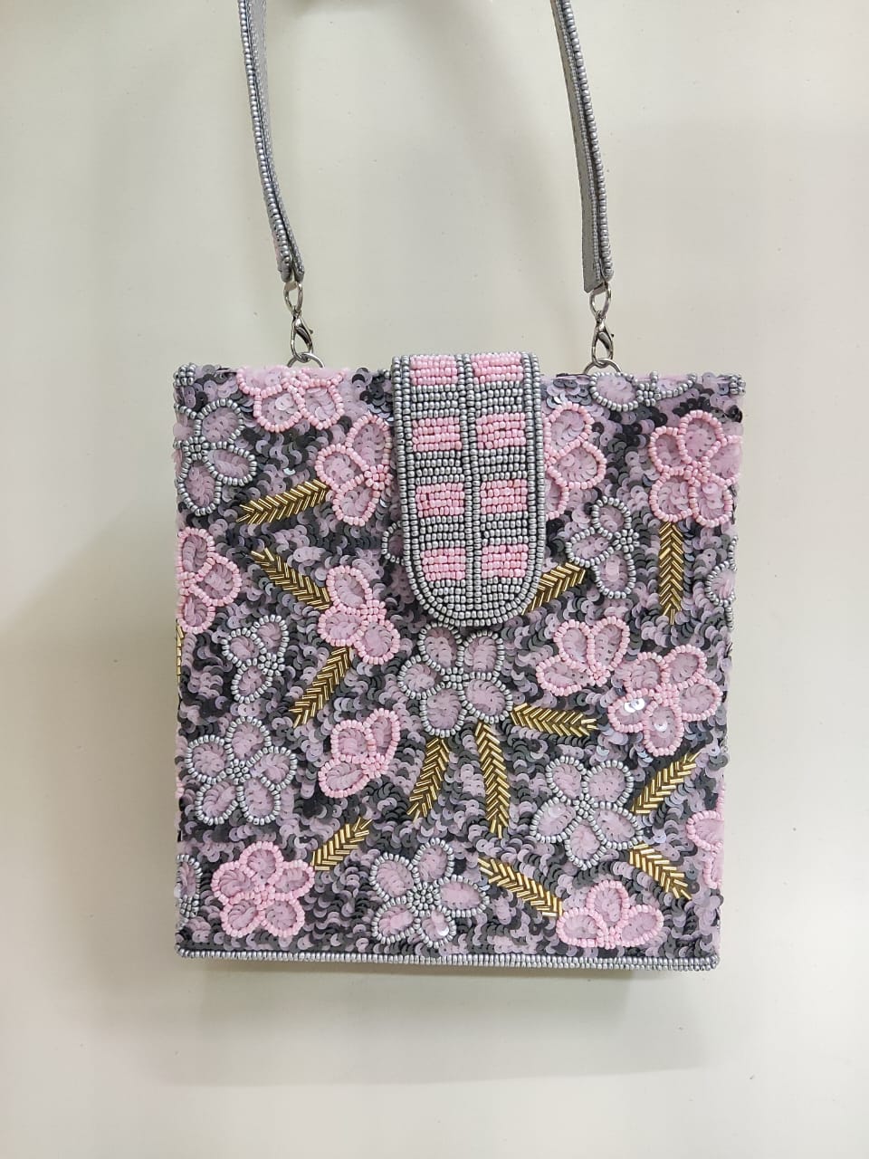 Grey and Baby Pink Box Bag with a handle