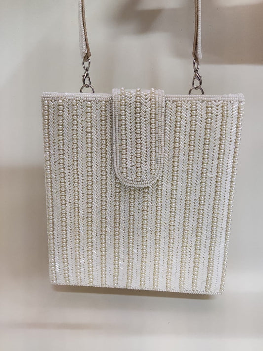 Cream Pearl Box Clutch with a Handle