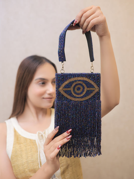 Metallic Blue Evil Eye Tassle Bag