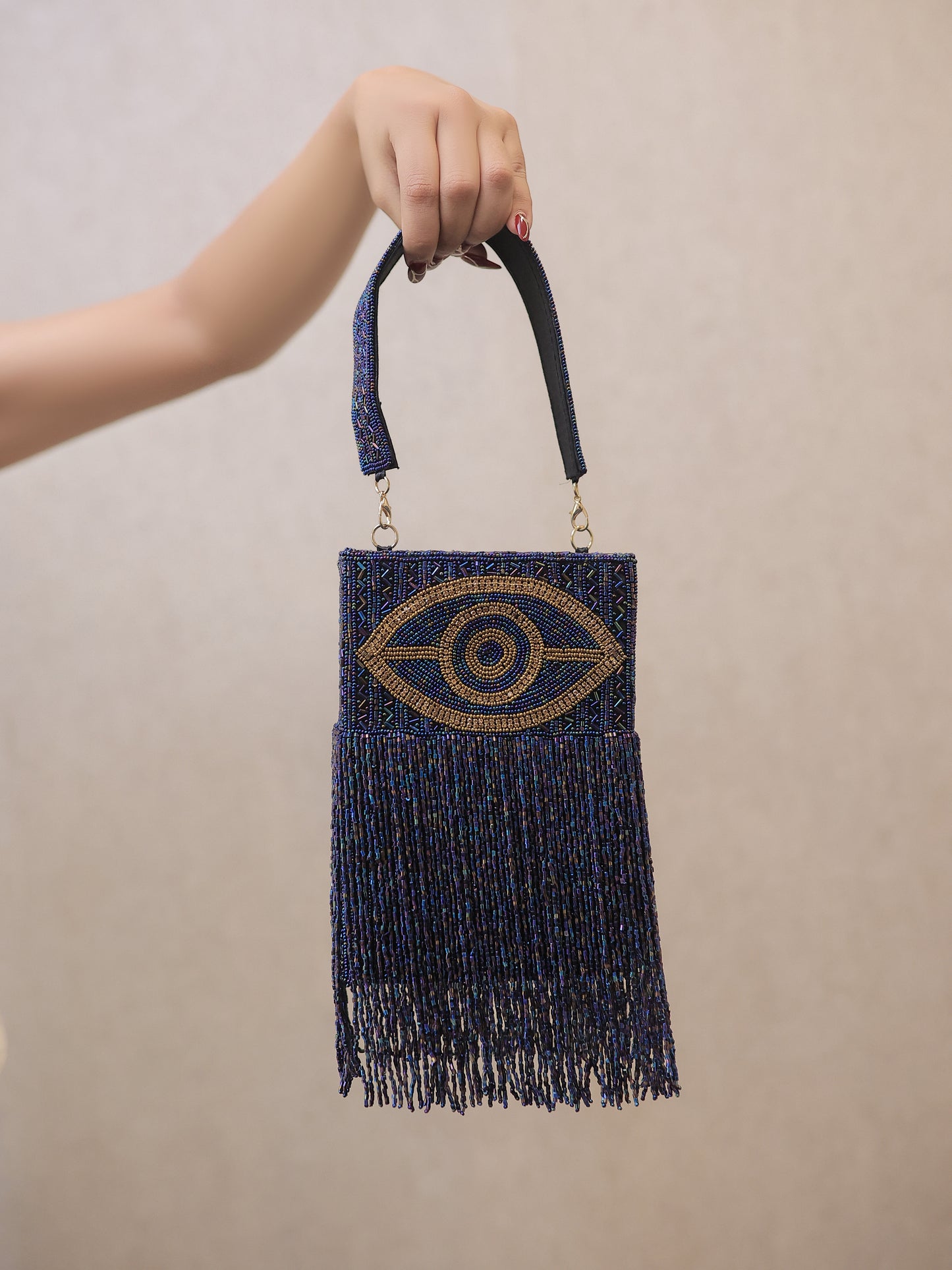 Metallic Blue Evil Eye Tassle Bag