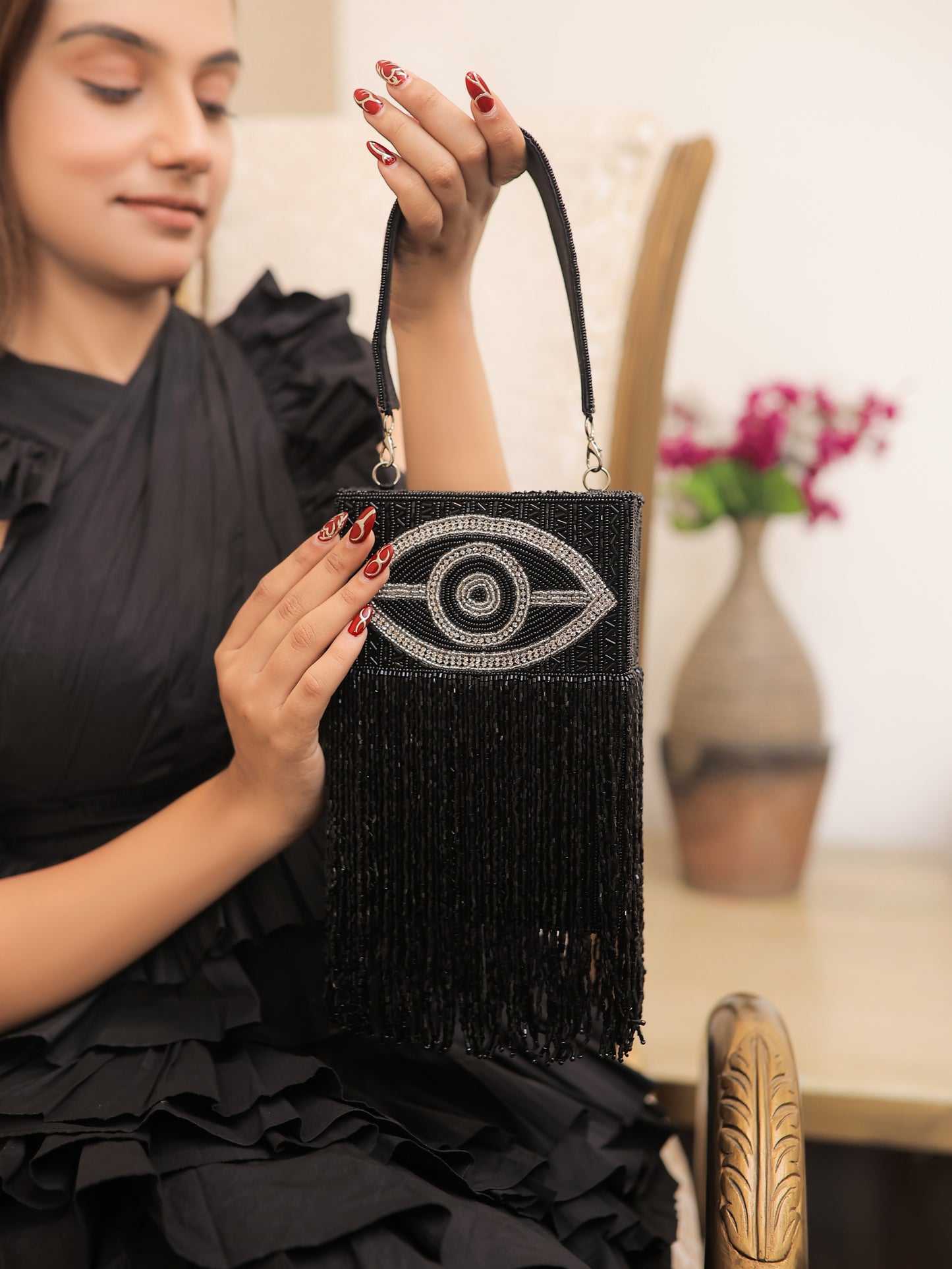 Metallic Blak  Evil Eye Tassle Bag