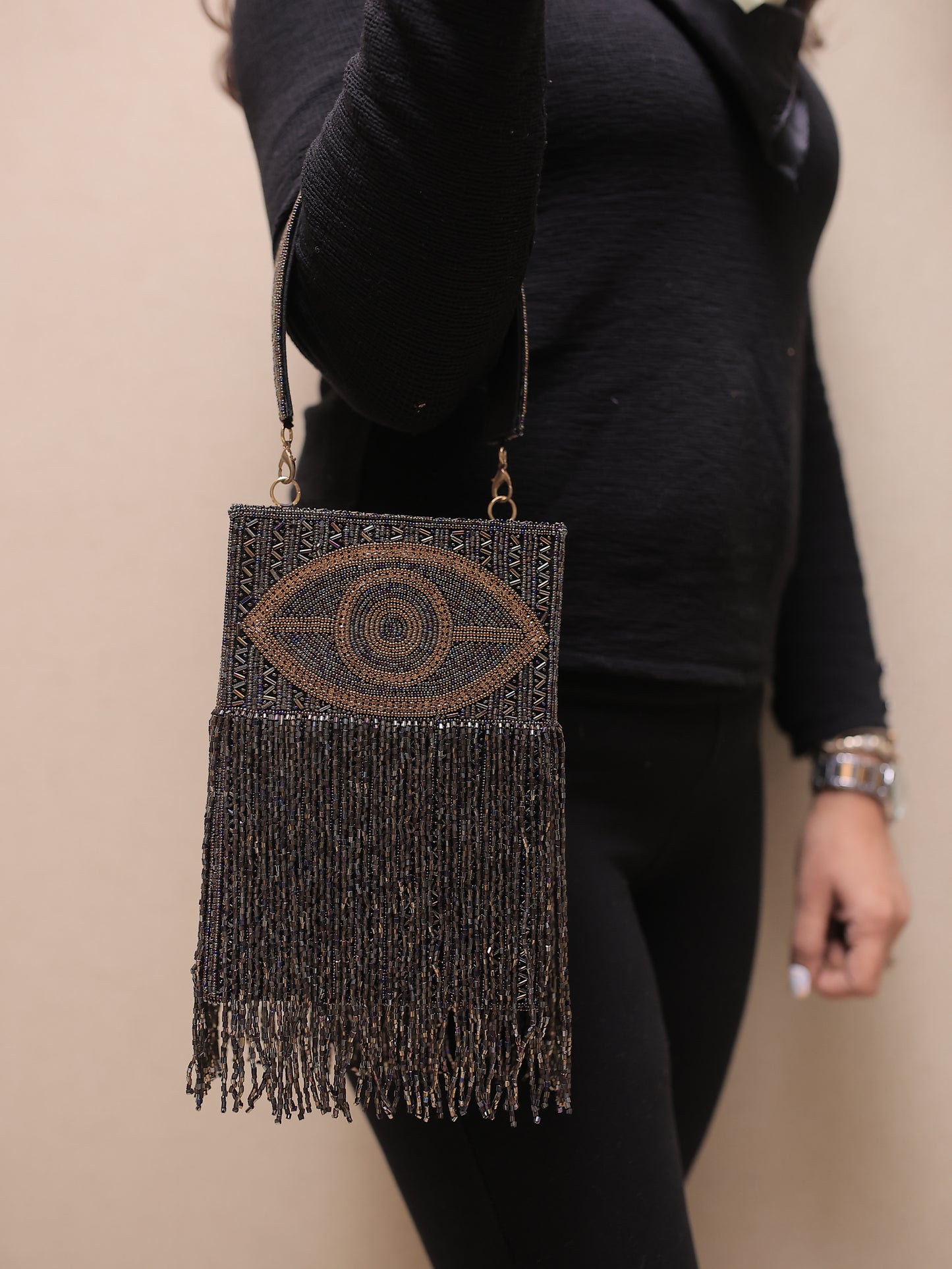 Metallic Grey Evil Eye Tassle Bag