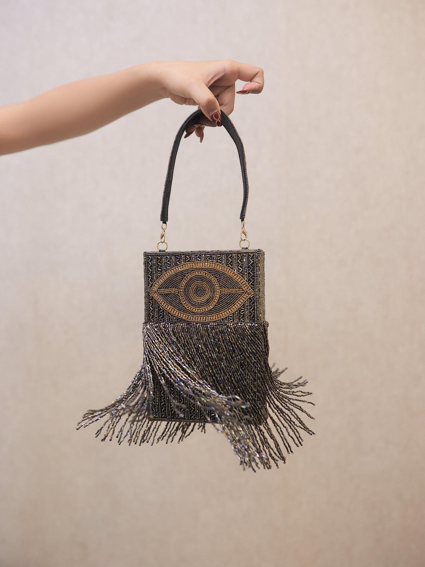 Metallic Grey Evil Eye Tassle Bag