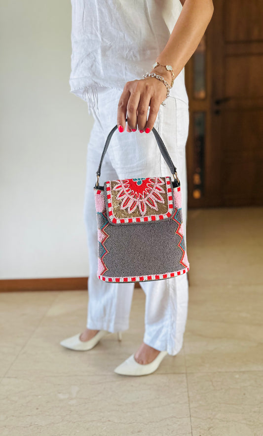 Grey Bucket Bag with a Pinkish tone flap