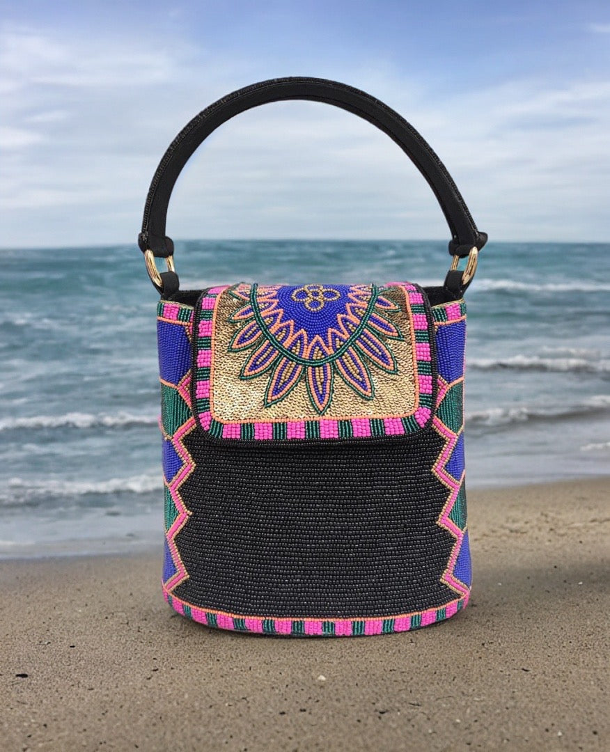 Black Bucket Bag with a Dark Pink flap