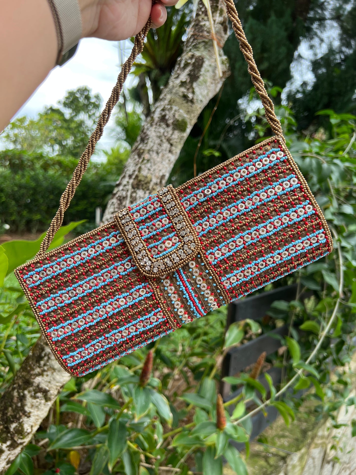 Red and Blue Beaded Clutch with a beaded sling