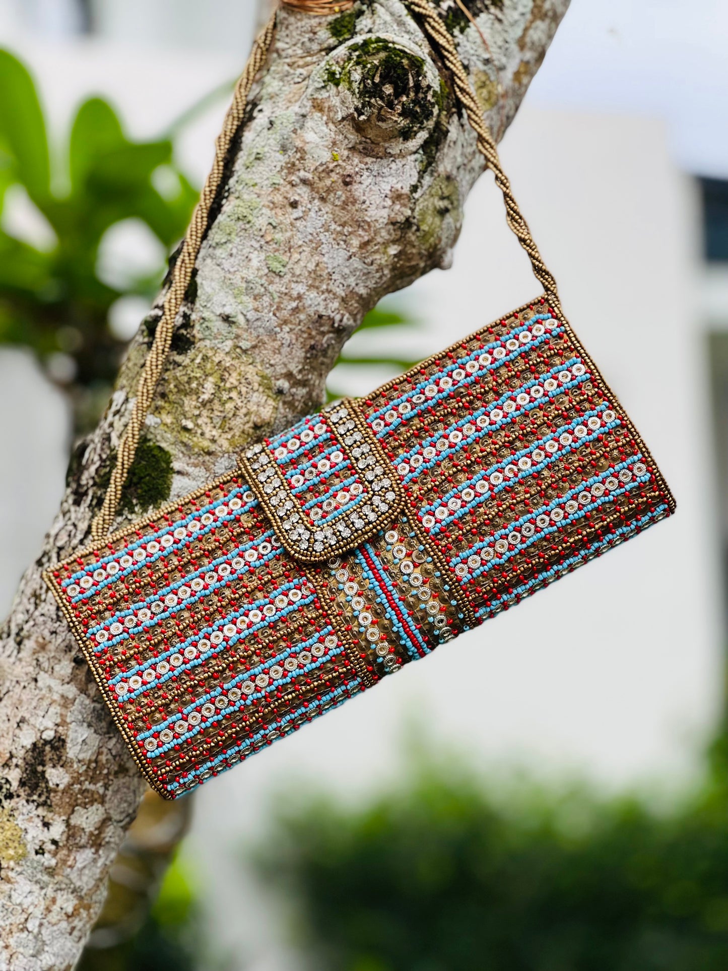 Red and Blue Beaded Clutch with a beaded sling