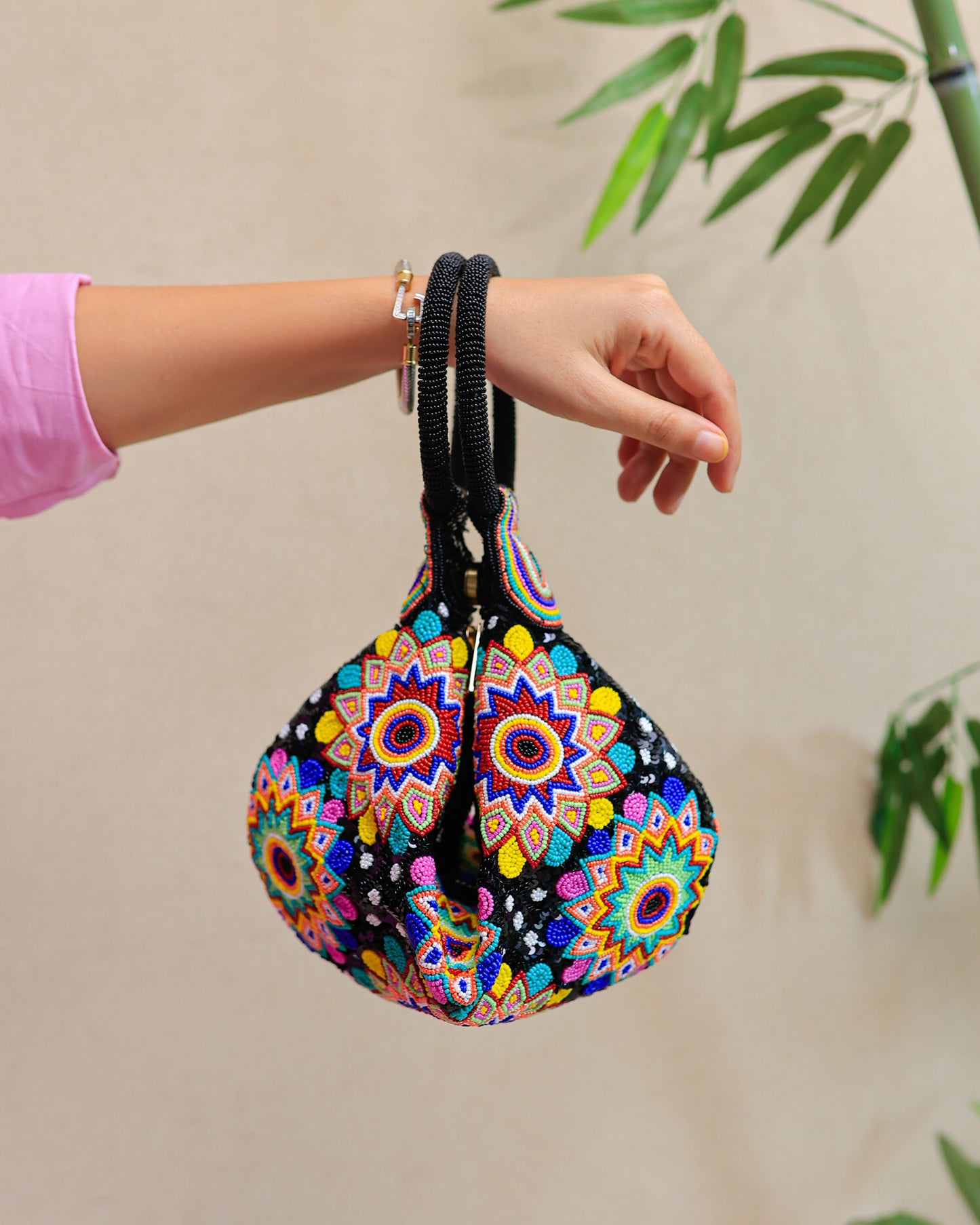 Black Colourful Floral Potli