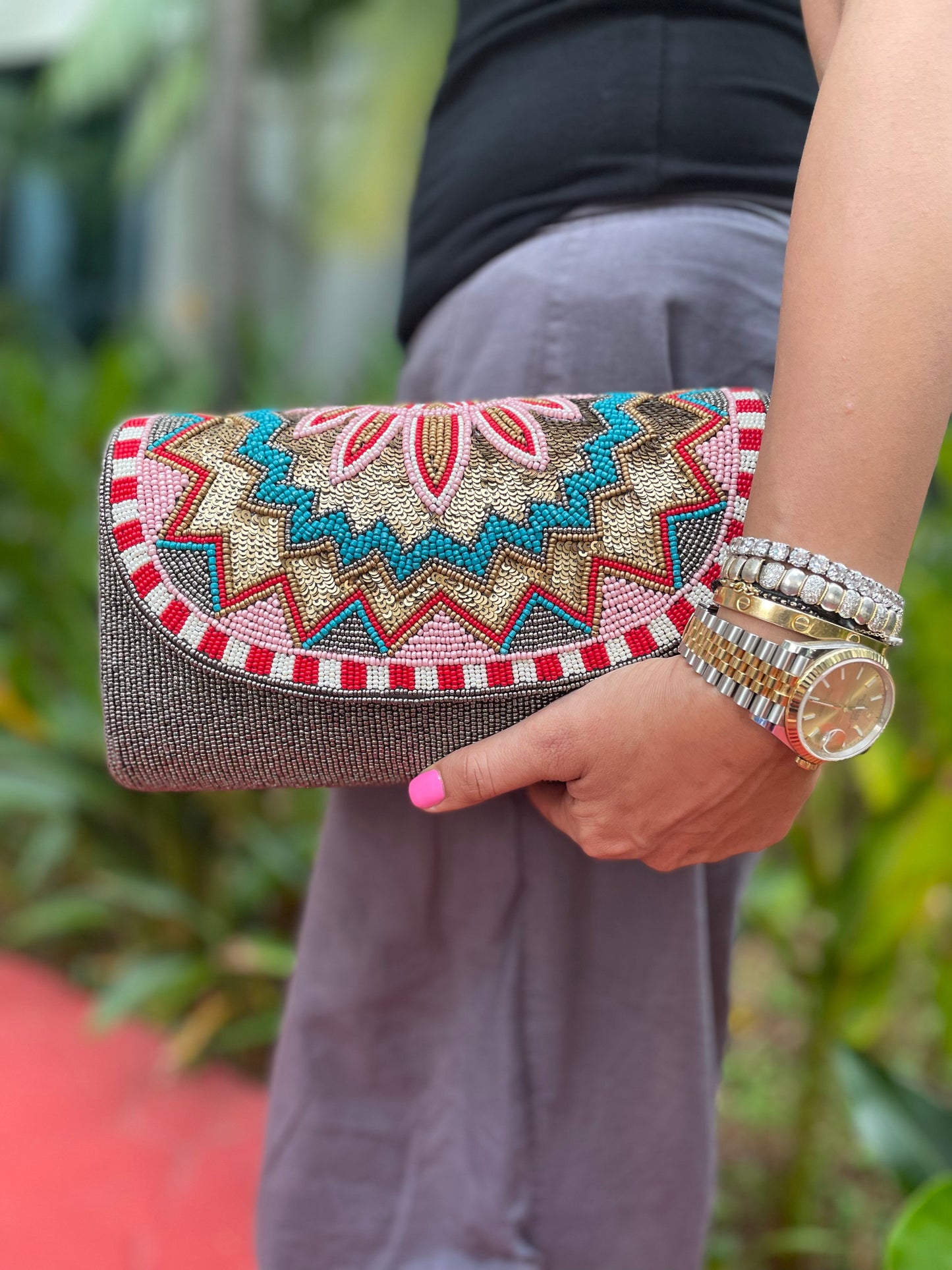 Grey Hard Clutch with a Pink flowery flap