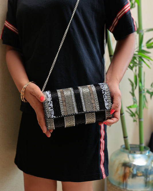 Black and Silver stripes design Hard Clutch with Flap