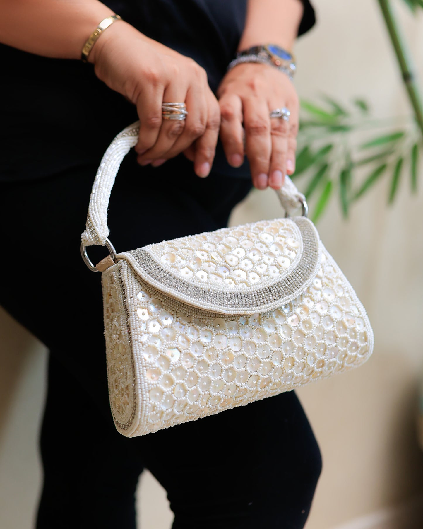 Cream Shell Clutch with a Small Beaded Handle