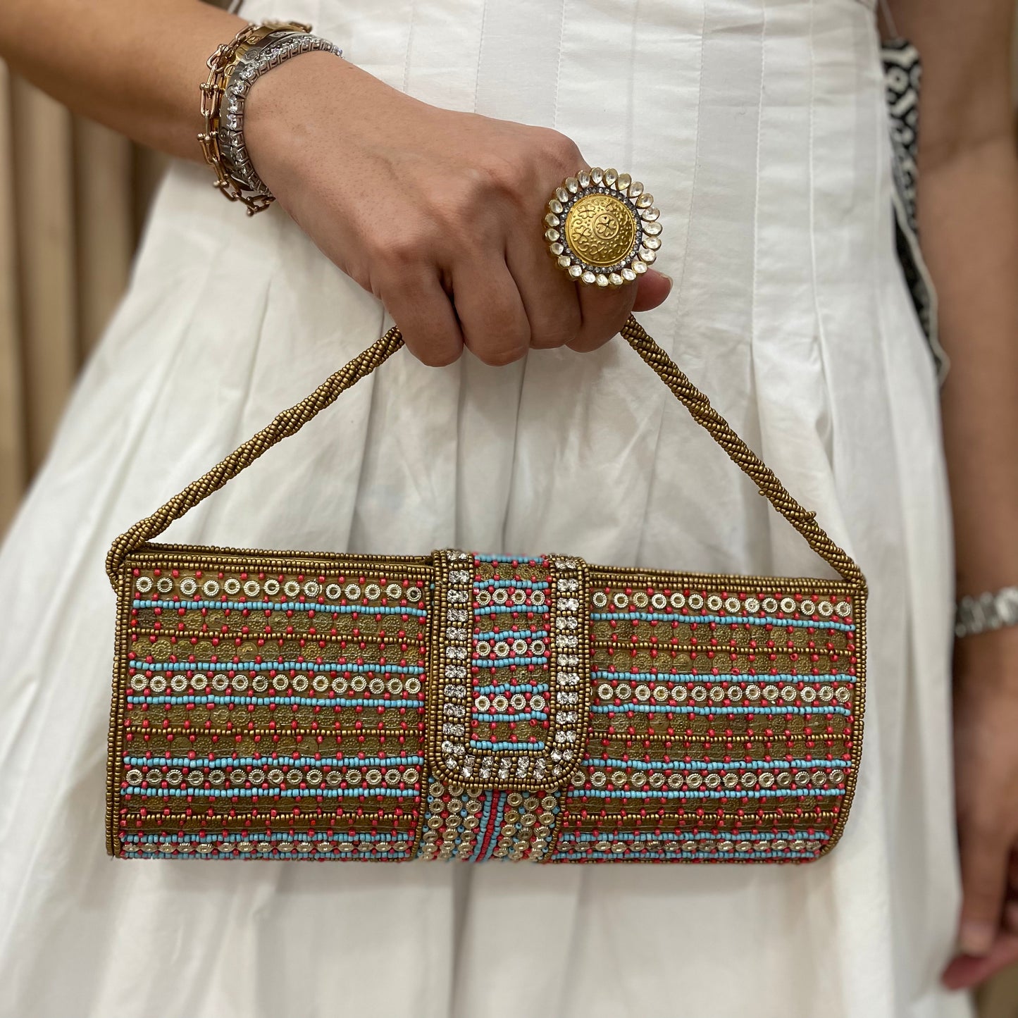 Red and Blue Beaded Clutch with a beaded sling