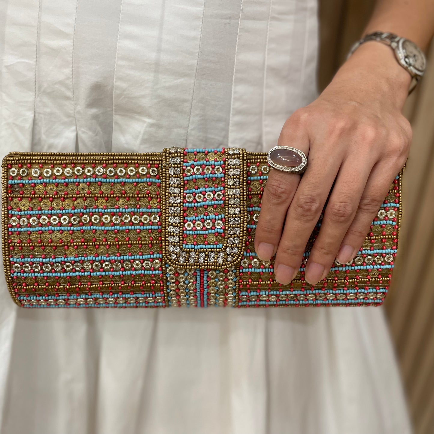 Red and Blue Beaded Clutch with a beaded sling