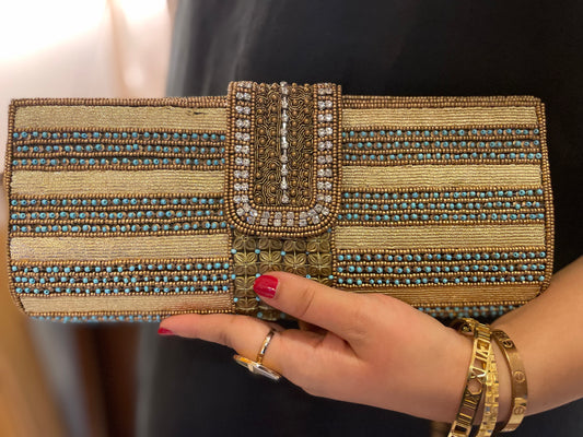 Turquoise and Gold Dabka Clutch