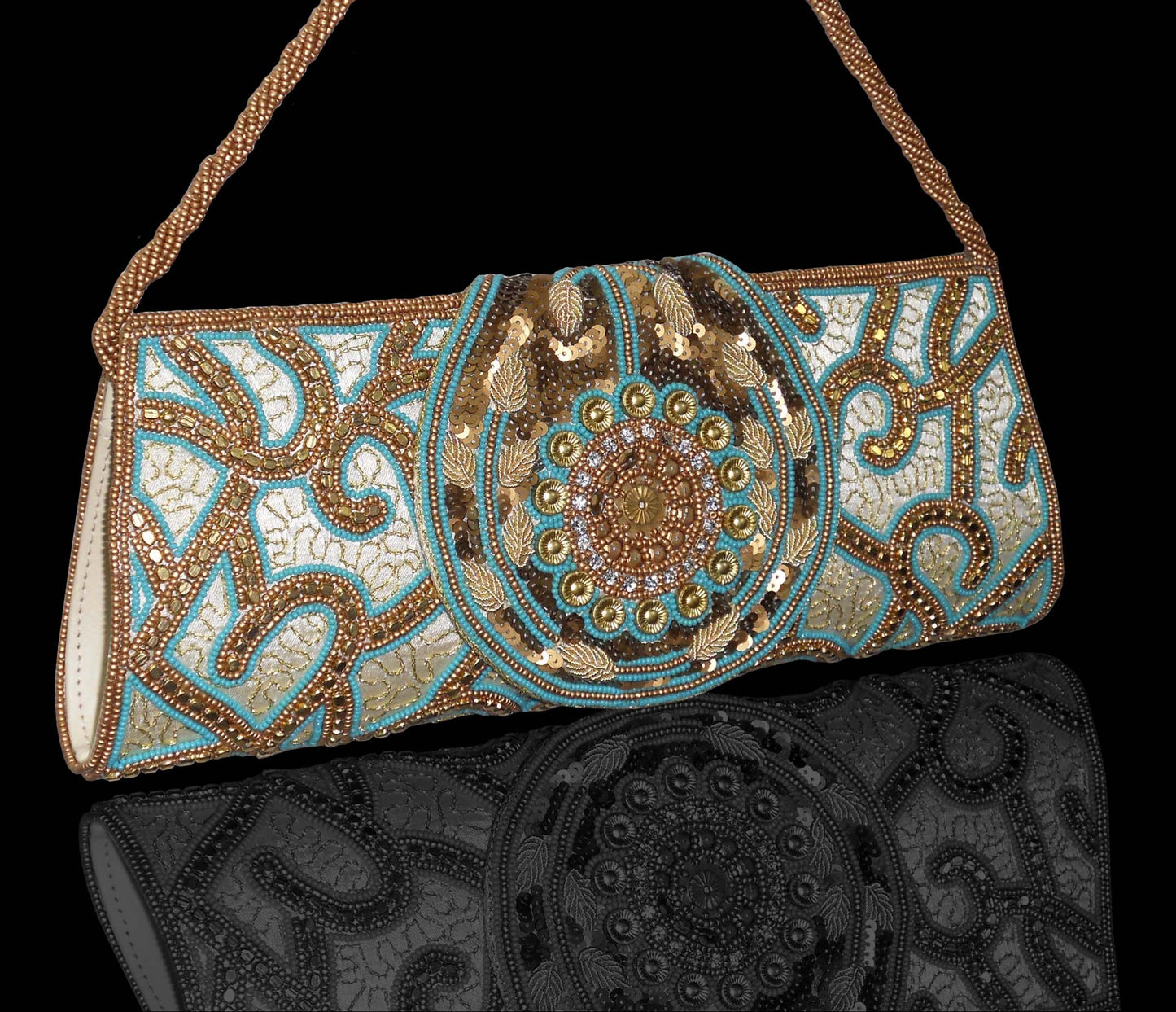 Beige and Turquoise Clutch with Round Flap and Sling