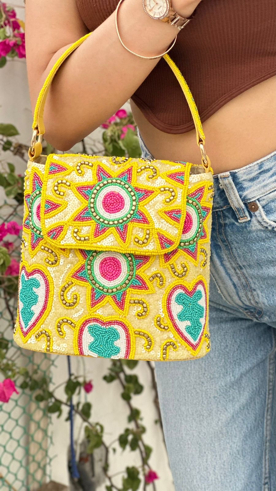 Yellow Floral Heart Bucket Bag